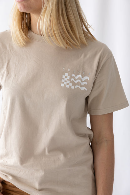 Lost in Paradise Surf Tee- Beige Tee/ Coconut Milk Print