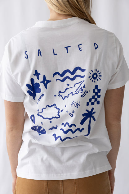 Lost in Paradise Surf Tee- White/ Blue