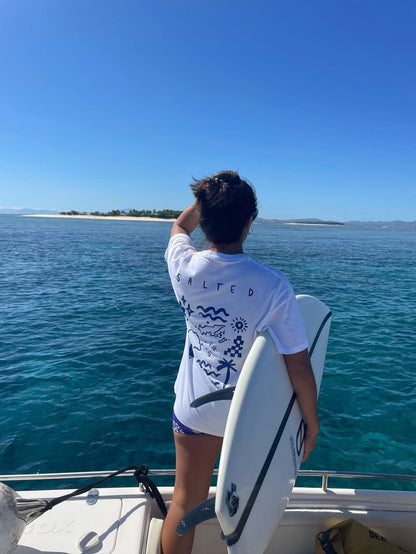 Lost in Paradise Surf Tee- White/ Blue