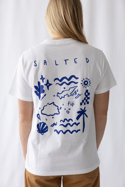 Lost in Paradise Surf Tee- White/ Blue