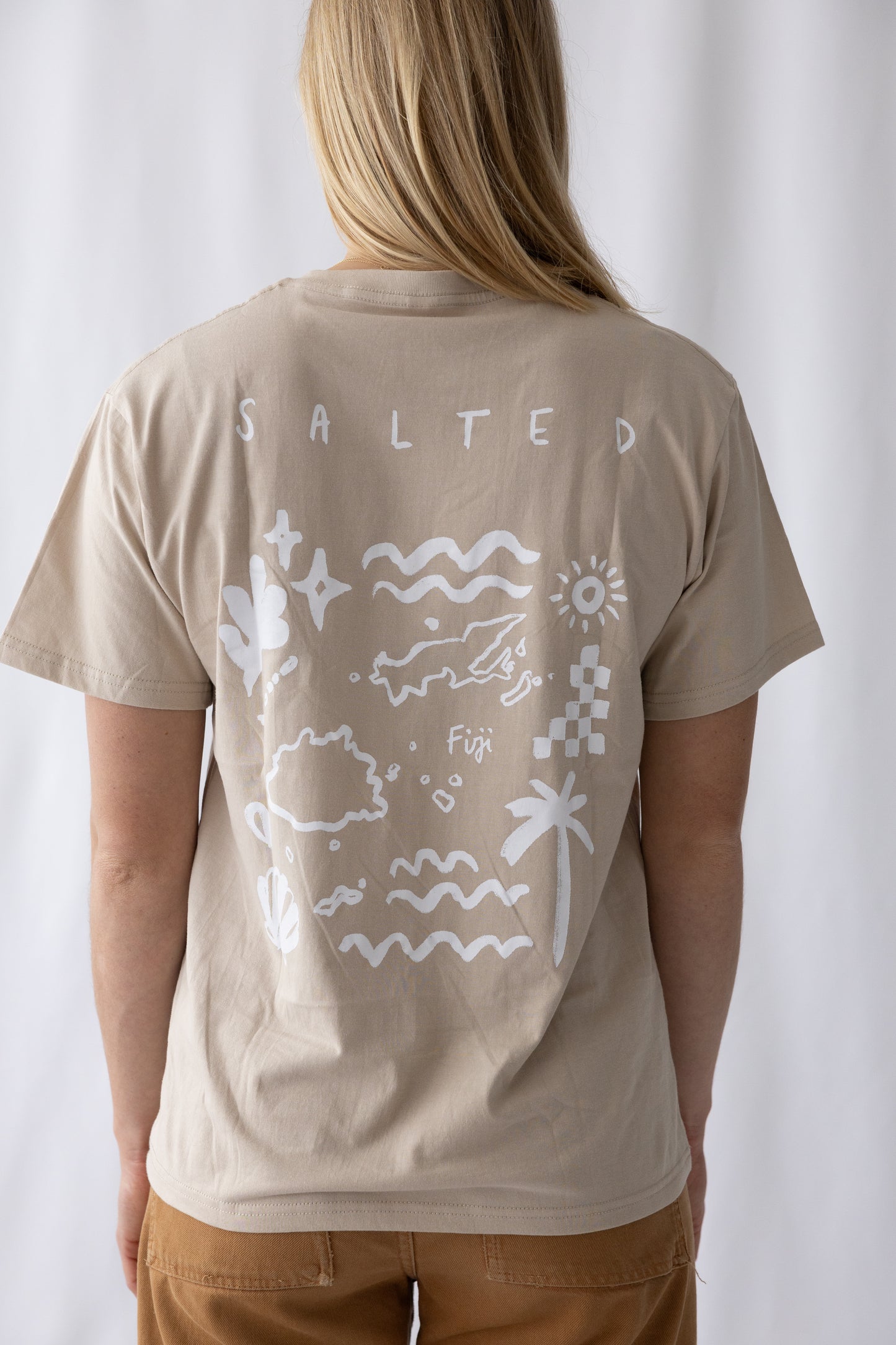 Lost in Paradise Surf Tee- Beige Tee/ Coconut Milk Print