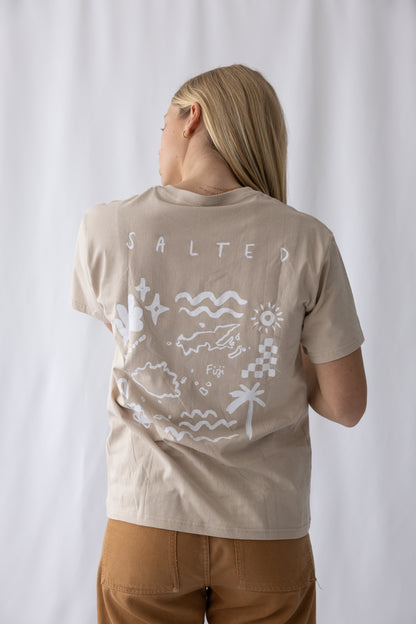 Lost in Paradise Surf Tee- Beige Tee/ Coconut Milk Print