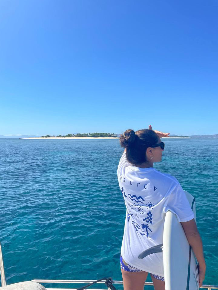 Lost in Paradise Surf Tee- White/ Blue